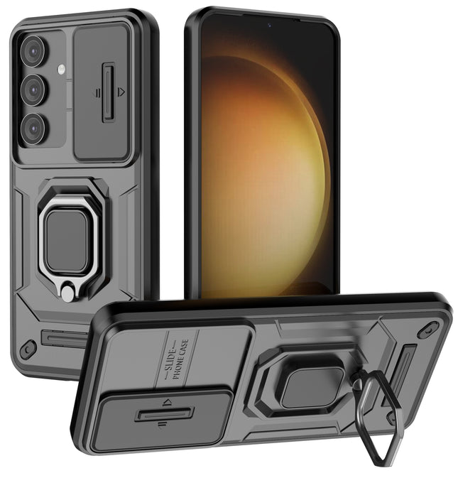 Kapa Armor Slider Back Cover for Samsung Galaxy S25 | Inbuilt Ring + Camera Slider Shockproof Lens Protection Bumper Back Case (Black)