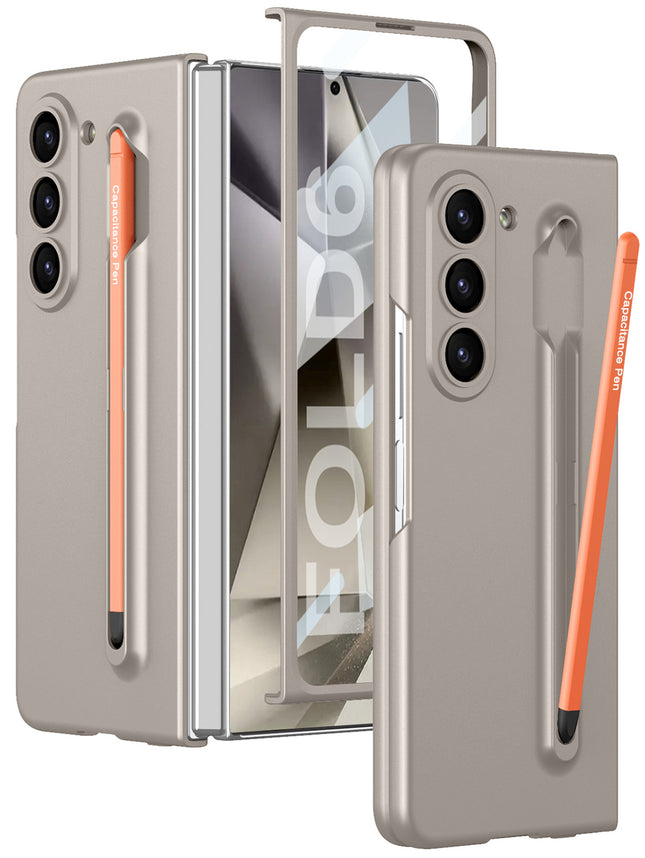Kapa Contrast Ulta Thin PC Case for Samsung Galaxy Z Fold 6 | Inbuilt S-Pen Holder Stand Hybrid Back Cover (Titanium with Orange Pen) - Mobizang