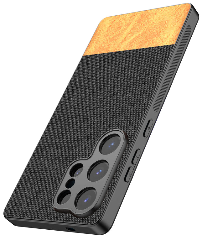 Kapa Soft Fabric & Leather Hybrid Protective Back Cover for Samsung Galaxy S25 Ultra | Shockproof Slim Hard Anti Slip Back Case (Black,Brown)