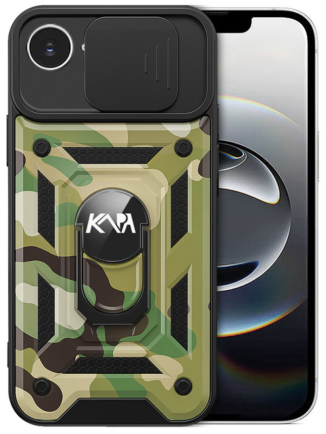 Kapa Tank Back Cover for Apple iPhone 16E | Inbuilt Ring + Slider Shockproof Lens Protection Bumper Back Case (Green) - Mobizang