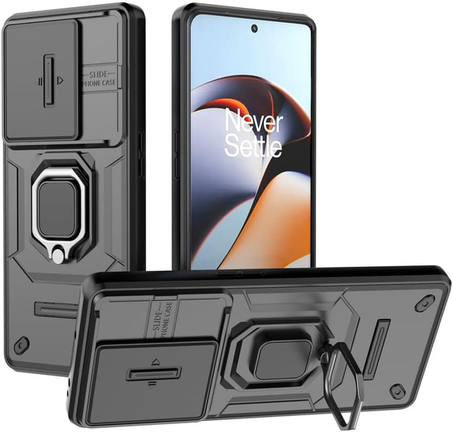 Kapa Armor Slider Back Cover for OnePlus 11R | Inbuilt Ring + Camera Slider Shockproof Lens Protection Bumper Back Case (Black)