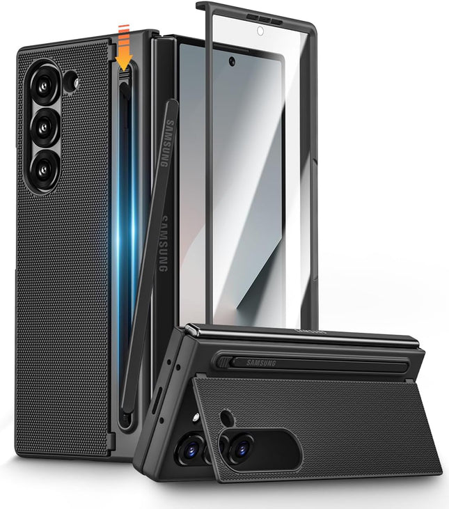 Kapa Textured Grip S Pen Holder Hinge Protection Back Cover for Samsung Galaxy Z Fold6 / Fold 6 | with Inbuilt Glass , Kickstand & S Pen Slot Case (Black)