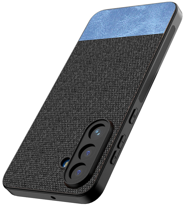 Kapa Soft Fabric & Leather Hybrid Protective Back Cover for Samsung Galaxy M56 | Shockproof Slim Hard Anti Slip Back Case (Black,Blue) - Mobizang