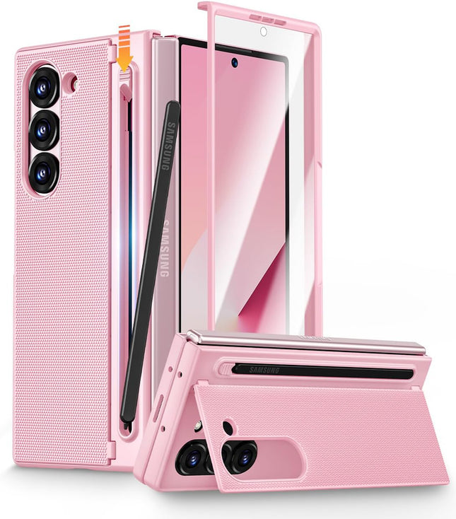 Kapa Textured Grip S Pen Holder Hinge Protection Back Cover for Samsung Galaxy Z Fold6 / Fold 6 | with Inbuilt Glass , Kickstand & S Pen Slot Case (Pink)