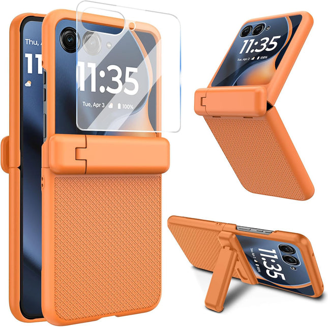 Kapa Textured Grip with Stand Hinge Protection Back Cover for Moto Razr 50 Ultra | with [Inbuilt Glass] Full Body Shockproof Hard Back Case (Orange)
