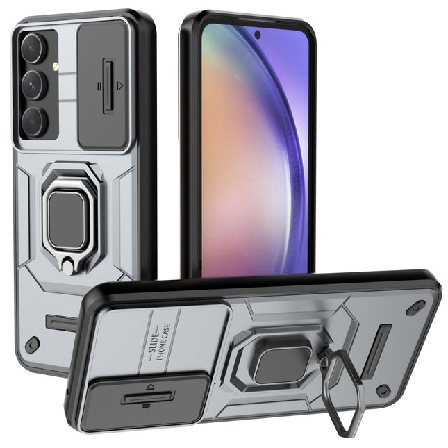Kapa Armor Slider Back Cover for Samsung Galaxy A55 (5G) | Inbuilt Ring + Camera Slider Shockproof Lens Protection Bumper Back Case (Grey)