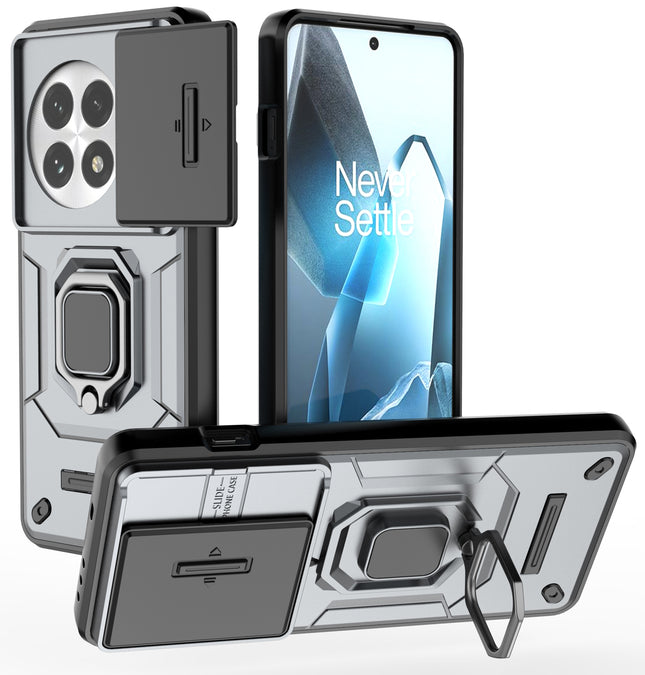 Kapa Armor Slider Back Cover for OnePlus 13 | Inbuilt Ring + Camera Slider Shockproof Lens Protection Bumper Back Case (Grey) - Mobizang