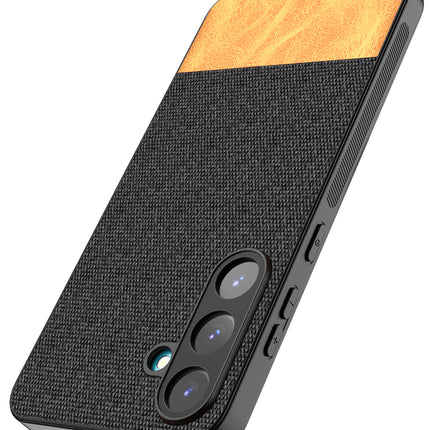 Kapa Soft Fabric & Leather Hybrid Protective Back Cover for Samsung Galaxy S25 Plus | Shockproof Slim Hard Anti Slip Back Case (Black,Brown) - Mobizang