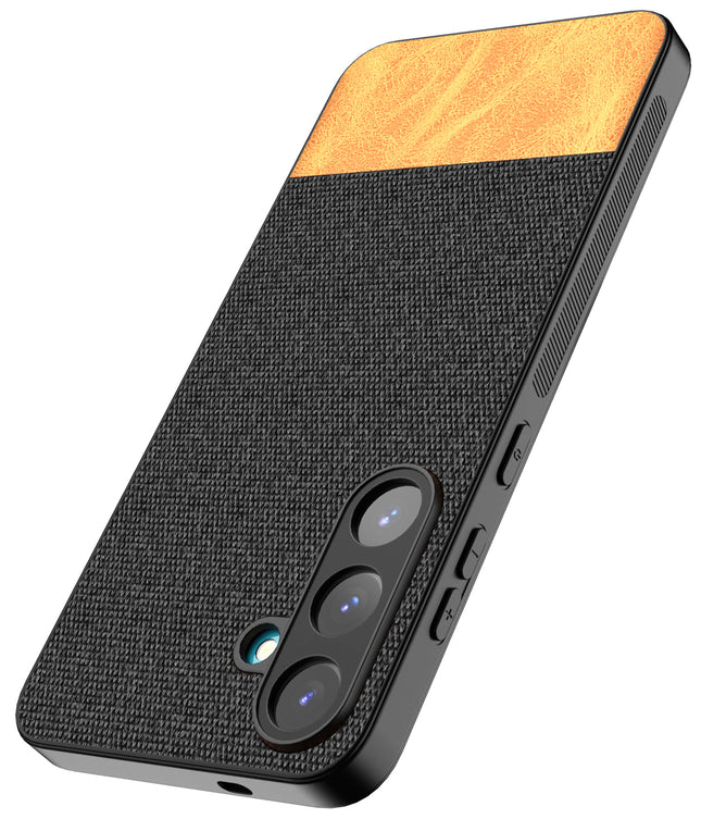 Kapa Soft Fabric & Leather Hybrid Protective Back Cover for Samsung Galaxy S25 Plus | Shockproof Slim Hard Anti Slip Back Case (Black,Brown) - Mobizang