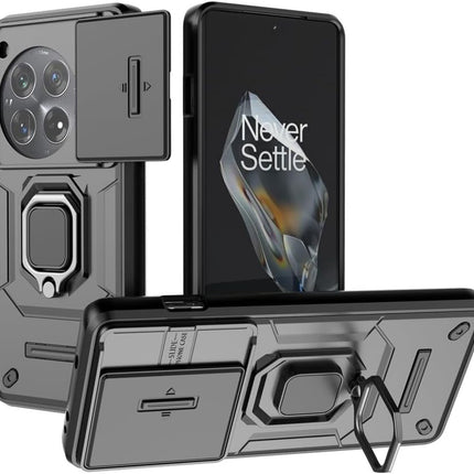 Kapa Armor Slider Back Cover for OnePlus 12R | Inbuilt Ring + Camera Slider Shockproof Lens Protection Bumper Back Case (Black) - Mobizang