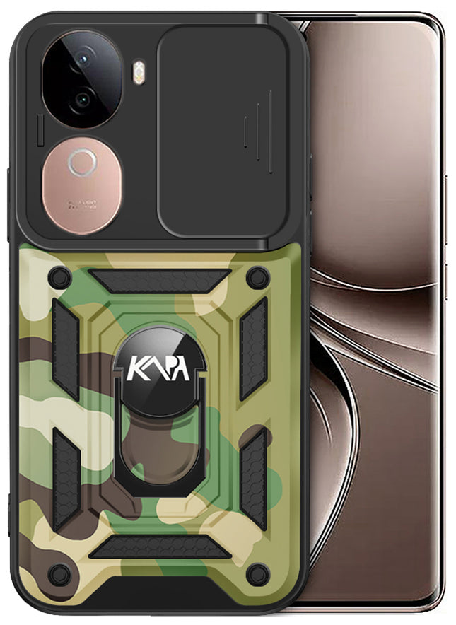 Kapa Tank Back Cover for Vivo V40E / IQOO Z9S | Inbuilt Ring + Slider Shockproof Lens Protection Bumper Back Case (Green)