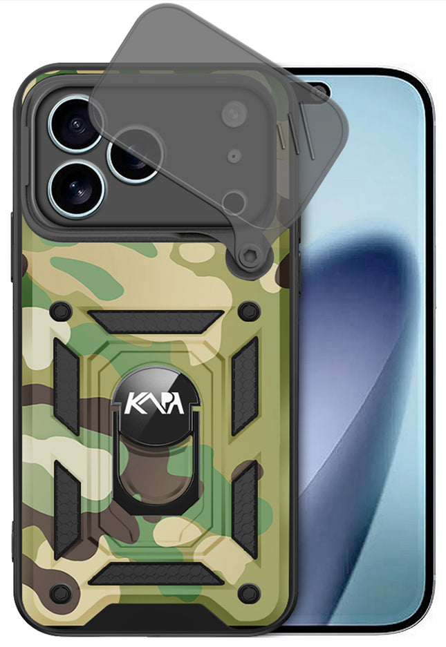 Kapa Tank Back Cover for Apple iPhone 17 Pro | Inbuilt Ring + Slider Shockproof Lens Protection Bumper Back Case (Green)