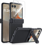 Kapa Textured Grip with Stand Hinge Protection Back Cover for Moto Razr 60/50 | with [Inbuilt Glass] Full Body Shockproof Hard Back Case (Black) - Mobizang
