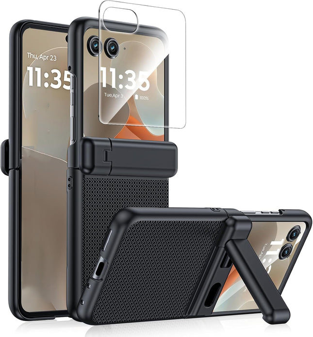Kapa Textured Grip with Stand Hinge Protection Back Cover for Moto Razr 60/50 | with [Inbuilt Glass] Full Body Shockproof Hard Back Case (Black) - Mobizang