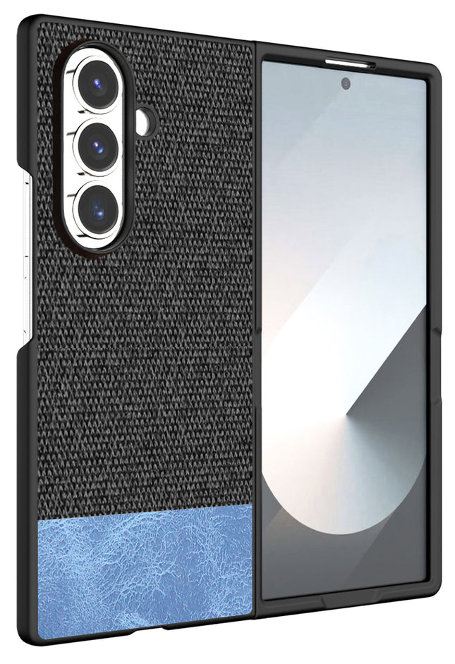 Kapa Soft Fabric & Leather Hybrid Protective Back Cover for Samsung Galaxy Z Fold 7 | Shockproof Slim Hard Anti Slip Back Case (Black,Blue) - Mobizang