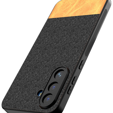Kapa Soft Fabric & Leather Hybrid Protective Back Cover for Samsung Galaxy M56 | Shockproof Slim Hard Anti Slip Back Case (Black,Brown) - Mobizang