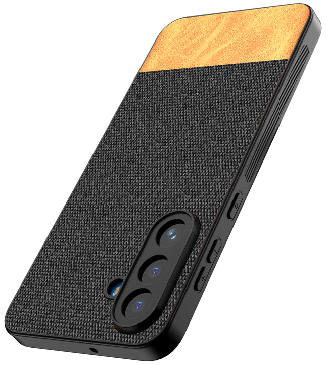 Kapa Soft Fabric & Leather Hybrid Protective Back Cover for Samsung Galaxy M56 | Shockproof Slim Hard Anti Slip Back Case (Black,Brown) - Mobizang
