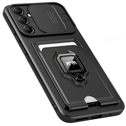 Kapa Bisen Back Cover for Samsung Galaxy S24 FE | Inbuilt Camera Slider Ring Stand and Card Pocket Shockproof Slim Bumper Back Case (Black)