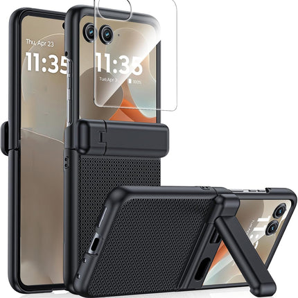 Kapa Textured Grip with Stand Hinge Protection Back Cover for Moto Razr 60 Ultra | with [Inbuilt Glass] Full Body Shockproof Hard Back Case (Black)