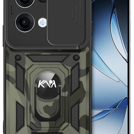 Kapa Tank Back Cover for Oppo Reno 13 5G | Inbuilt Ring + Slider Shockproof Lens Protection Bumper Back Case (Black) - Mobizang