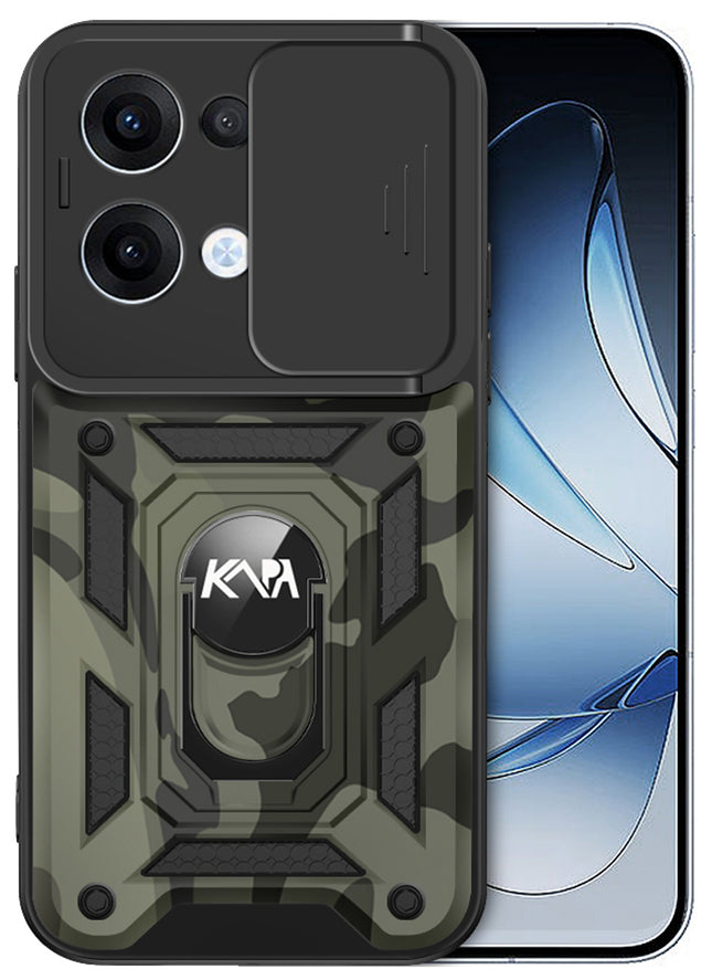 Kapa Tank Back Cover for Oppo Reno 13 5G | Inbuilt Ring + Slider Shockproof Lens Protection Bumper Back Case (Black) - Mobizang