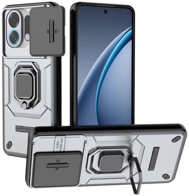 Kapa Armor Slider Back Cover for Oppo K13 Turbo / K13 Turbo Pro | Inbuilt Ring + Camera Slider Shockproof Lens Protection Bumper Back Case (Grey)