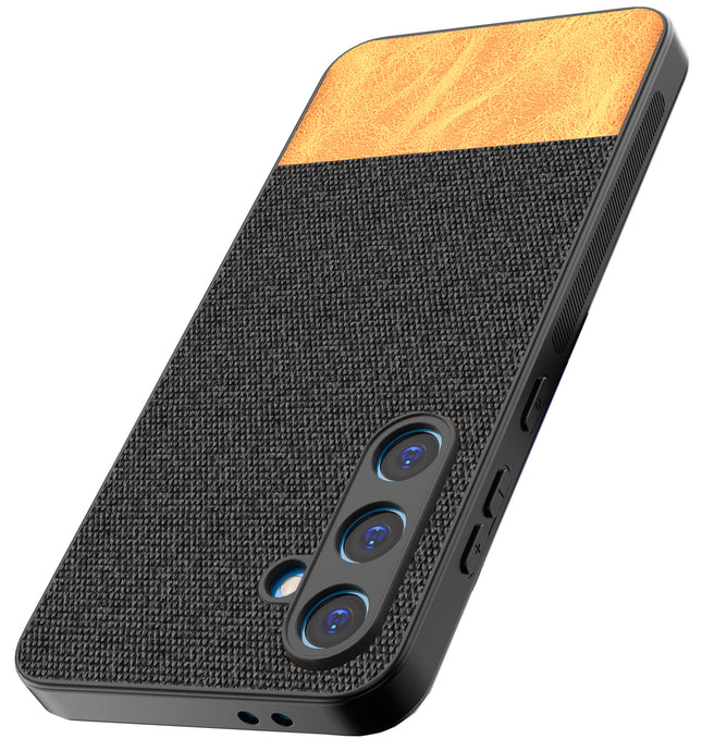 Kapa Soft Fabric & Leather Hybrid Protective Back Cover for Samsung Galaxy S24 FE | Shockproof Slim Hard Anti Slip Back Case (Black,Brown)