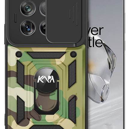 Kapa Tank Back Cover for OnePlus 12R | Inbuilt Ring + Slider Shockproof Lens Protection Bumper Back Case (Green) - Mobizang