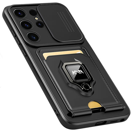Kapa Bisen Back Cover for Samsung Galaxy S25 Ultra | Inbuilt Camera Slider Ring Stand and Card Pocket Shockproof Slim Bumper Back Case (Black) - Mobizang