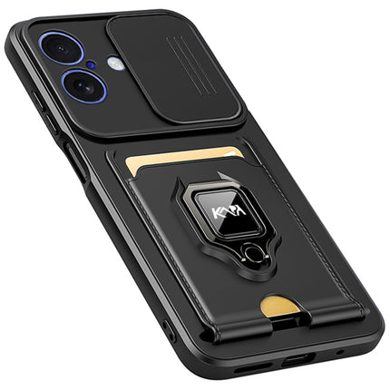 Kapa Bisen Back Cover for Apple iPhone 17 | Inbuilt Camera Slider Ring Stand and Card Pocket Shockproof Slim Bumper Back Case (Black) - Mobizang