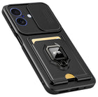 Kapa Bisen Back Cover for Apple iPhone 17 | Inbuilt Camera Slider Ring Stand and Card Pocket Shockproof Slim Bumper Back Case (Black) - Mobizang