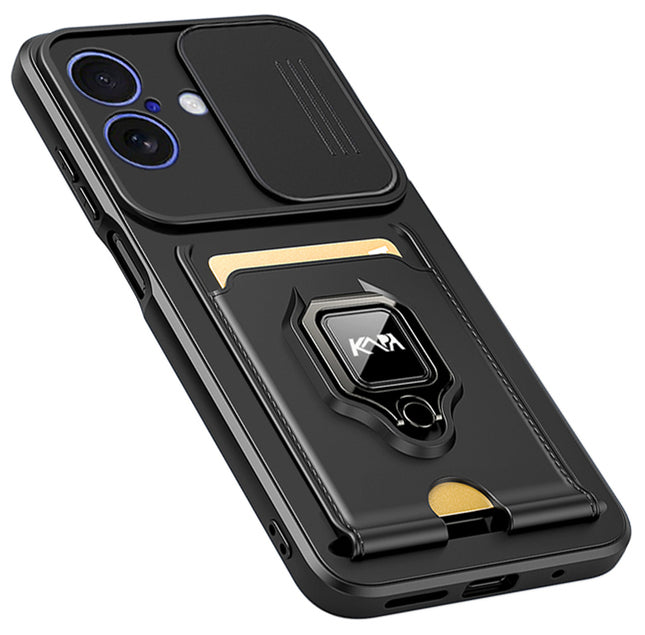Kapa Bisen Back Cover for Apple iPhone 17 | Inbuilt Camera Slider Ring Stand and Card Pocket Shockproof Slim Bumper Back Case (Black) - Mobizang