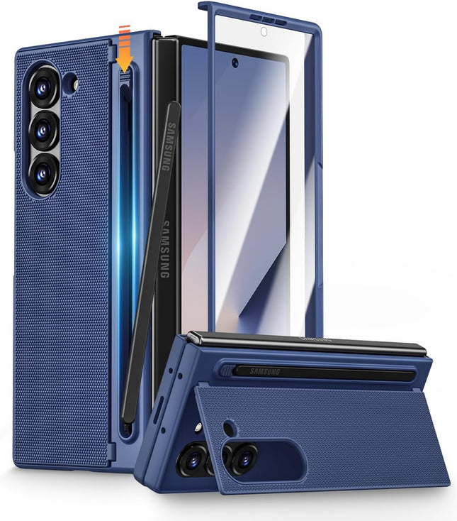 Kapa Textured Grip S Pen Holder Hinge Protection Back Cover for Samsung Galaxy Z Fold6 / Fold 6 | with Inbuilt Glass , Kickstand & S Pen Slot Case (Blue)