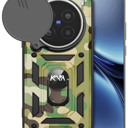 Kapa Tank Back Cover for Vivo X200 Pro (5G) | Inbuilt Ring + Slider Shockproof Lens Protection Bumper Back Case (Green)