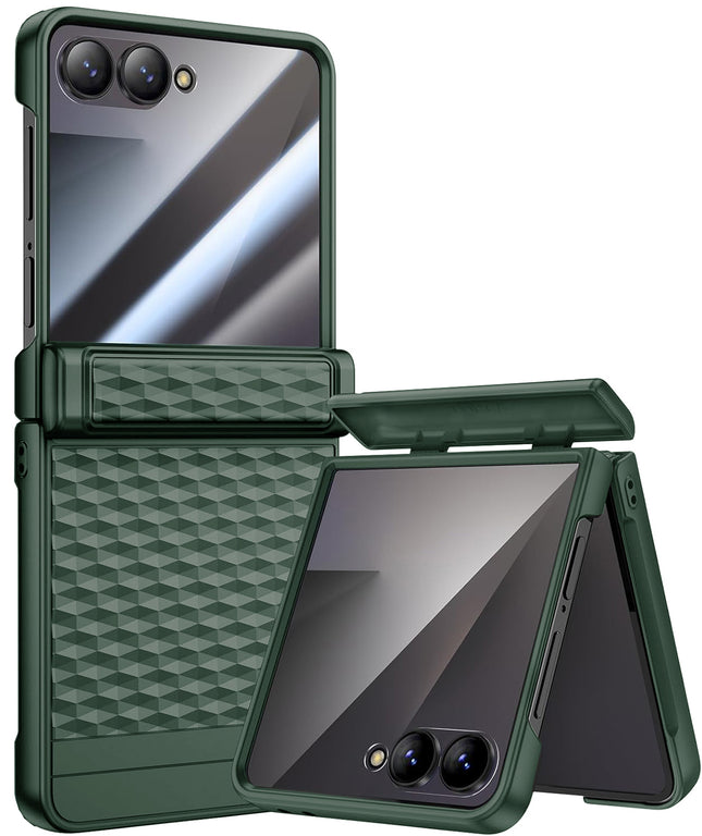 Kapa Geometric Hinge Protection Back Cover for Samsung Galaxy Z Flip7 / Flip 7 | with [Inbuilt Glass] Full Body Shockproof Hard Back Case (Dark Green) - Mobizang