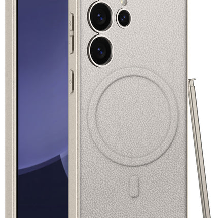 Kapa Ultra Thin Leather & Magsafe Back Case for Samsung Galaxy S24 Ultra | with Wireless Charging Support Ring Full Body Protection Back Cover (Titanium)