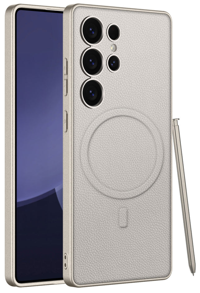 Kapa Ultra Thin Leather & Magsafe Back Case for Samsung Galaxy S24 Ultra | with Wireless Charging Support Ring Full Body Protection Back Cover (Titanium)