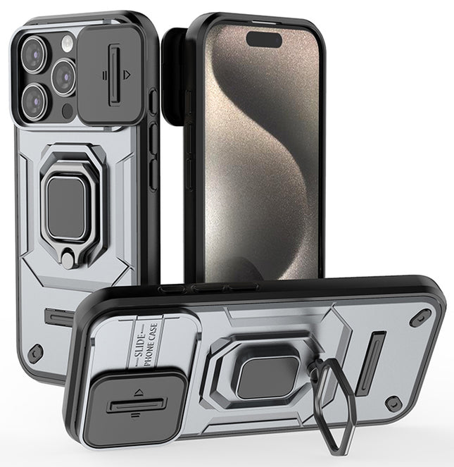 Kapa Armor Slider Back Cover for Apple iPhone 16 Pro | Inbuilt Ring + Camera Slider Shockproof Lens Protection Bumper Back Case (Grey)