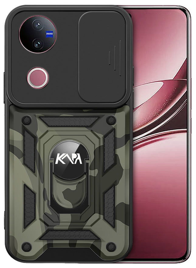 Kapa Tank Back Cover for Vivo V50 / V50E 5G | Inbuilt Ring + Slider Shockproof Lens Protection Bumper Back Case (Black)