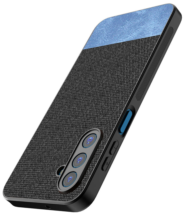 Kapa Soft Fabric & Leather Hybrid Protective Back Cover for Samsung Galaxy M36 / F36 5G | Shockproof Slim Hard Anti Slip Back Case (Black,Blue) - Mobizang