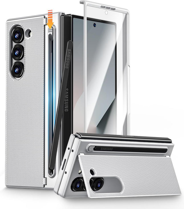 Kapa Textured Grip S Pen Holder Hinge Protection Back Cover for Samsung Galaxy Z Fold6 / Fold 6 | with Inbuilt Glass , Kickstand & S Pen Slot Case (Silver)