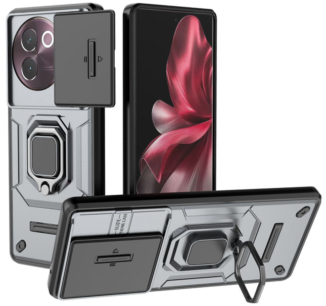 Kapa Armor Slider Back Cover for Vivo V30E (5G) | Inbuilt Ring + Camera Slider Shockproof Lens Protection Bumper Back Case (Grey)