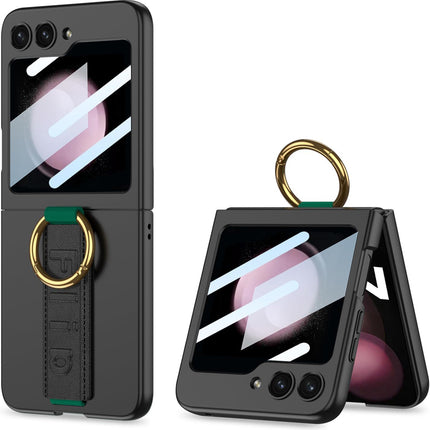 Kapa Shockproof Band Protective Back Cover for Flip6 / Z Flip 6 | Wrist Strap Ring Kickstand Inbuilt Screen Tempered Glass Case (Black)