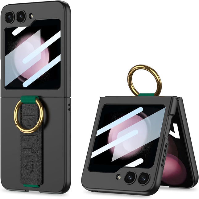 Kapa Shockproof Band Protective Back Cover for Flip6 / Z Flip 6 | Wrist Strap Ring Kickstand Inbuilt Screen Tempered Glass Case (Black)