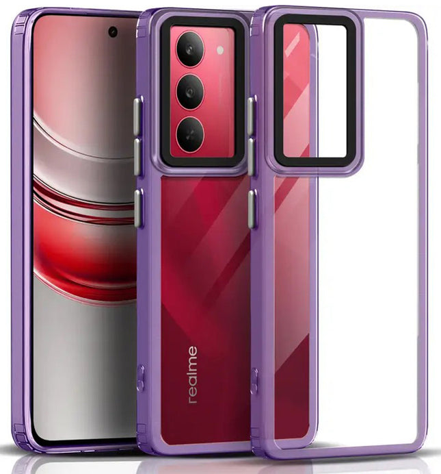 Kapa Warrior Acrylic Clear Back Cover For Realme 14X | Slim Shockproof [Military Grade Protection] Hybrid Bumper Case (Purple Sides)