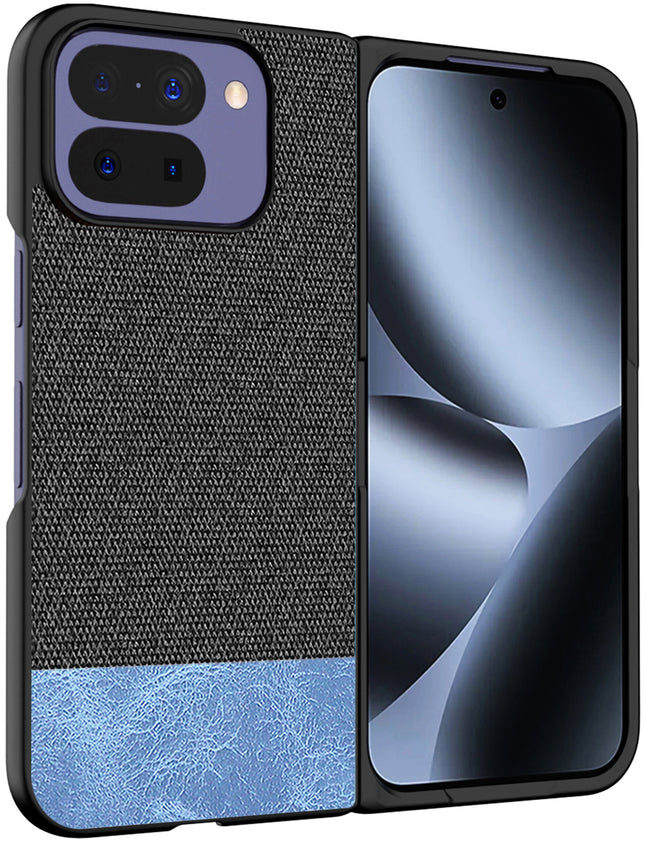 Kapa Soft Fabric & Leather Hybrid Protective Back Cover for Google Pixel 10 PRO FOLD | Shockproof Slim Hard Anti Slip Back Case (Black,Blue) - Mobizang