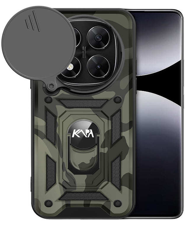 Kapa Tank Back Cover for Redmi Note 14 Pro Plus | Inbuilt Ring + Slider Shockproof Lens Protection Bumper Back Case (Black)