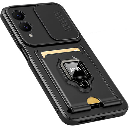 Kapa Bisen Back Cover for Samsung Galaxy S25 Edge | Inbuilt Camera Slider Ring Stand and Card Pocket Shockproof Slim Bumper Back Case (Black)