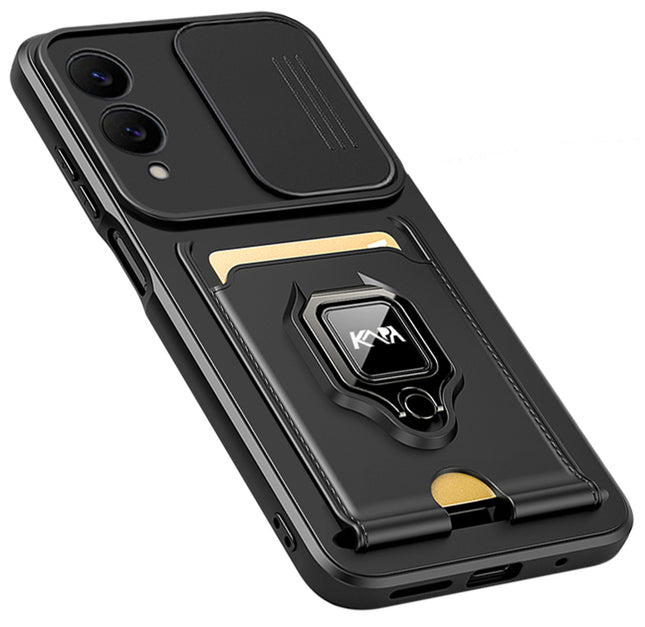Kapa Bisen Back Cover for Samsung Galaxy S25 Edge | Inbuilt Camera Slider Ring Stand and Card Pocket Shockproof Slim Bumper Back Case (Black)