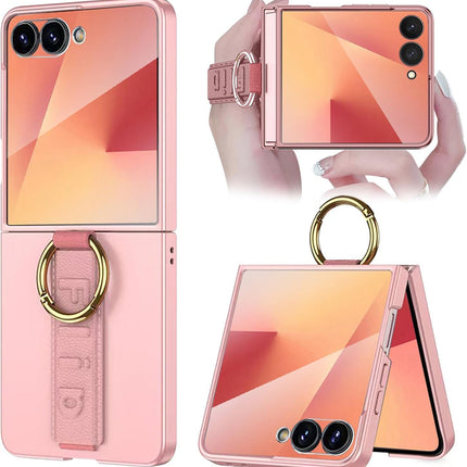 Kapa Shockproof Band Protective Back Cover for Flip7 / Z Flip 7 | Wrist Strap Ring Kickstand Inbuilt Screen Tempered Glass Case (Pink)
